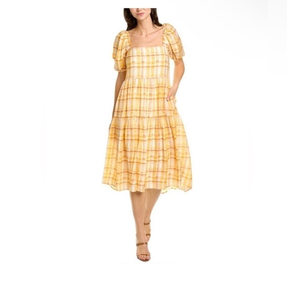 Astr Dresses & Skirts - ASTR The Label Yellow Plaid Puff Sleeve Tiered Open Back Midi Dress Cottage M